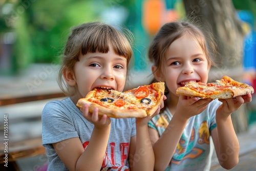 kids girls eating pizza outside