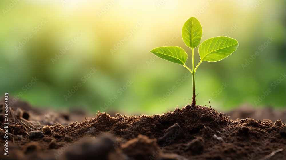 Fototapeta premium Young plants growing from the ground, Planting young plant seeds in the morning with nature background