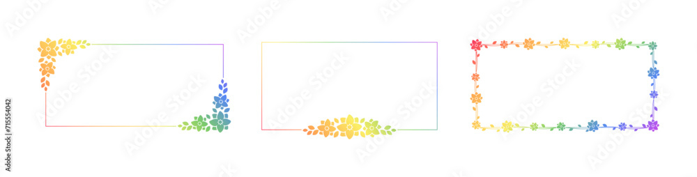 Rectangle rainbow floral frame template set. Pride Month Frame Border Design Element. Vector art with flowers and leaves. Rectangle rainbow floral frame template set. Pride Month Frame Border Design Element. Vector art with flowers and leaves.