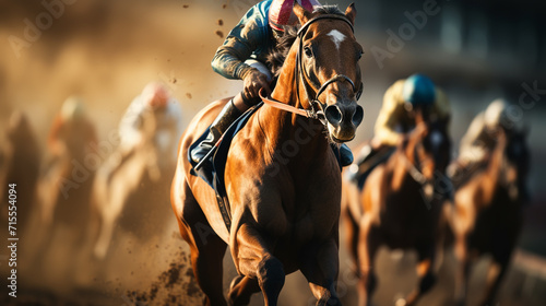 Fotografia Two jockeys during horse races on his horses going towards finish line