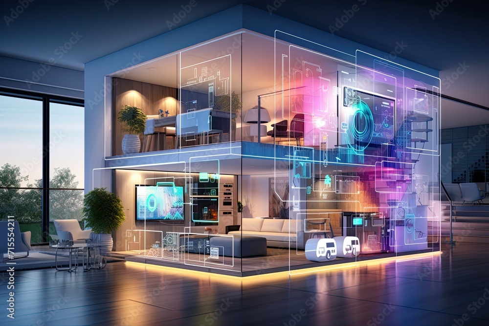 smart home setup. A modern living space equipped with smart home devices like smart lights, tv and voice - controlled assistants. Smart home interior with augmented reality. AI generative. smart home setup. A modern living space equipped with smart home devices like smart lights, tv and voice - controlled assistants. Smart home interior with augmented reality. AI generative.