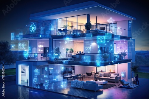 smart home setup. A modern living space equipped with smart home devices like smart lights, tv and voice - controlled assistants. Smart home interior with augmented reality. AI generative.