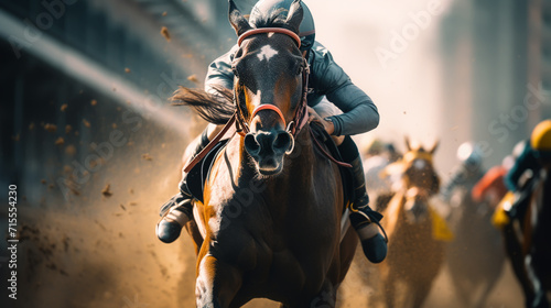 Two jockeys during horse races on his horses going towards finish line. Traditional European sport. © alexkich