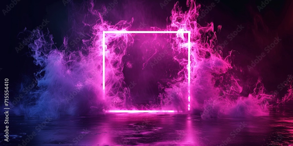 Water Illuminated With Neon Magenta Light Square On Dark Square Frame. Сoncept Nighttime Neon Water Photography, Vibrant Magenta Light Effects, Creative Water Illumination, Square Frame Composition