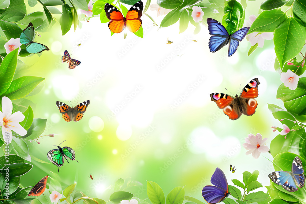 Lebendiges Farbenspiel: Hintergrund mit fliegenden Schmetterlingen, eingefangen in einer frühlingshaften Komposition voller natürlicher Schönheit und farbenfroher Flugkünstler