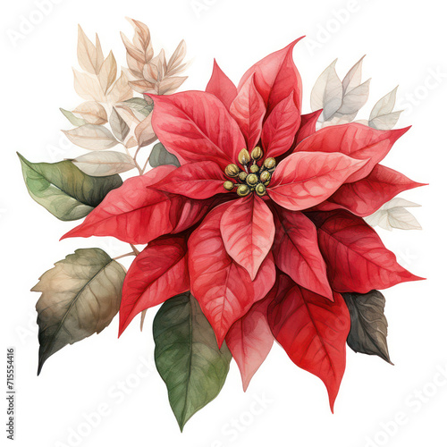 Red Poinsettia  Festive Floral Illustration of a Beautiful Winter Plant on a Bright Merry Christmas Watercolor Card