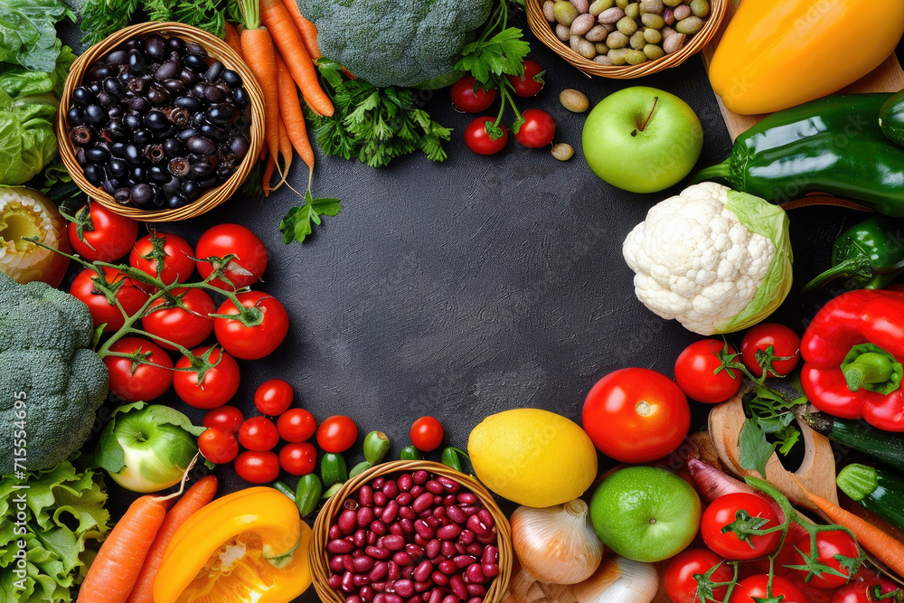 healthy food concept, vegetables on black table with copy space in the middle healthy food concept, vegetables on black table with copy space in the middle