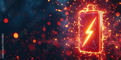 Lithium Ion Battery With A Lightning Bolt Icon , Fireworks Illuminated With Neon Red Light Battery Shape On Dark Battery Shape