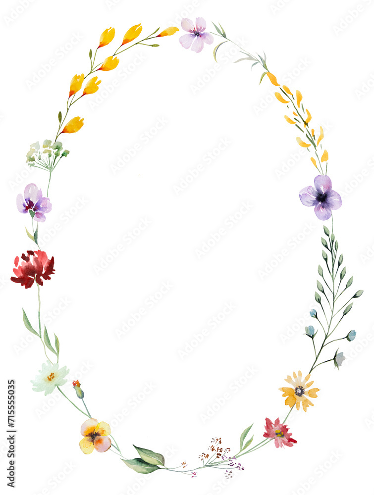 Oval frame made of watercolor wild flowers and leaves, summer wedding and greeting illustration