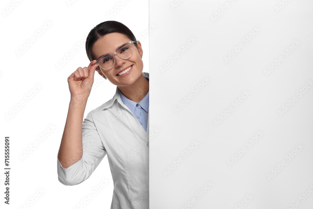 Ophthalmologist with blank banner on white background, space for text Ophthalmologist with blank banner on white background, space for text