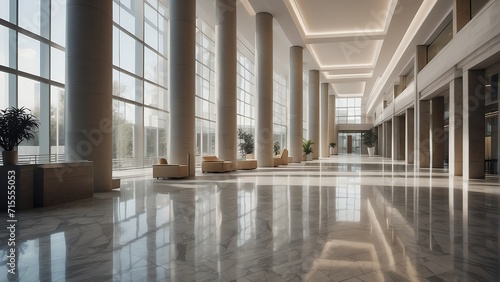 Interior of luxury lobby of modern commercial building with clean shiny floor in hall and roman columns from Generative AI