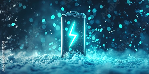 Lithium Ion Battery With A Lightning Bolt Icon , Snow Illuminated With Neon Turquoise Light Battery Shape On Dark Battery Shape