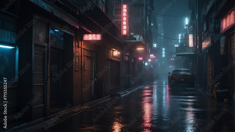 Dystopian dark alley way in cyberpunk city at night with buildings and rain from Generative AI