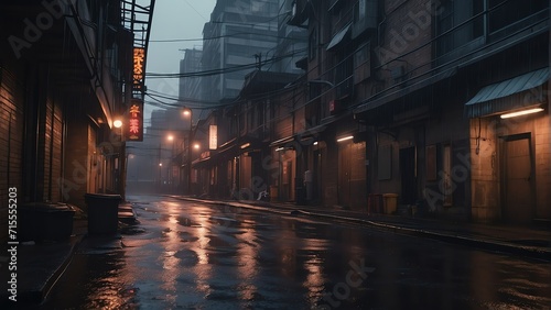 Dystopian dark alley way in cyberpunk city at sunset with buildings and rain from Generative AI © sevenSkies