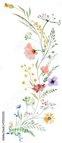 Arrangement made of watercolor wildflowers and leaves, wedding and greeting illustration