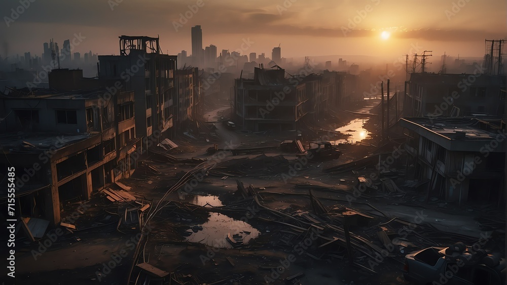 A destroyed dark apocalyptic city post apocalypse after a world war at sunset from Generative AI