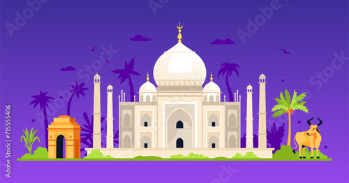 Sacred India places - modern colored vector illustration with Taj Mahal Mosque on a purple background, Gateway in New Delhi and holy cow. Palm trees, summer. Traditions and culture of Asia idea