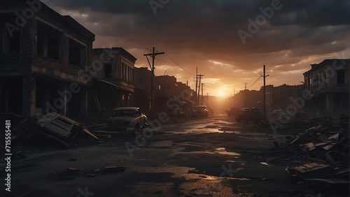 A destroyed dark apocalyptic city post apocalypse after a world war at sunset from Generative AI