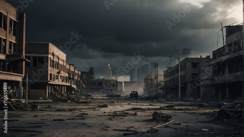 A destroyed apocalyptic city post apocalypse after a world war, noir from Generative AI photo