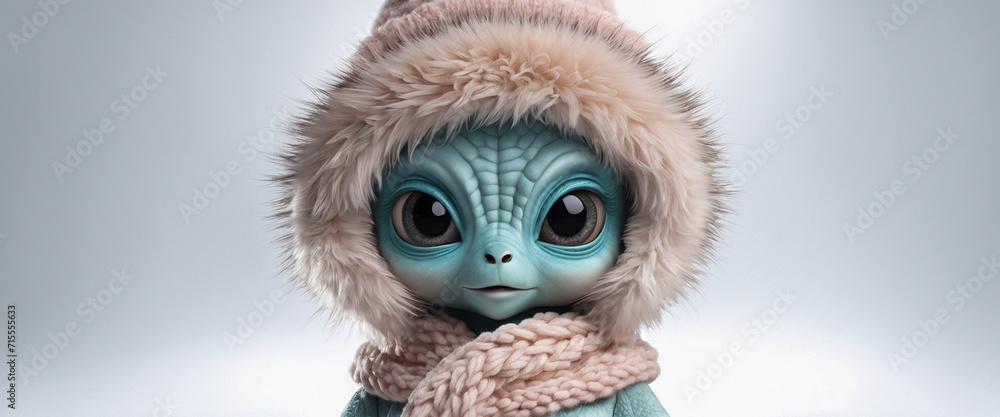 Obraz premium A cute green alien wearing a rich fur hat is looking straight ahead. Isolated on gray background. Monster illustration.