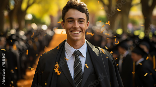 Graduating from university or college. Young happy university graduate standing with diploma in hand and expressing happiness with raised hands over university building background