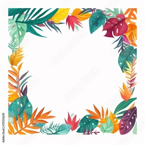 Beautiful colorful tropical border leaves frame white background