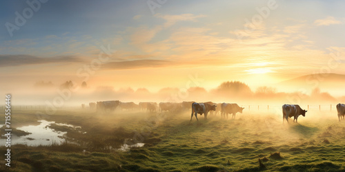  cows in a meadow with grass covered with dewdrops and morning fog, and in the background the sunrise in a small haze. Rustic countryside landscape with a herd of grazing cows on a misty. © sumia
