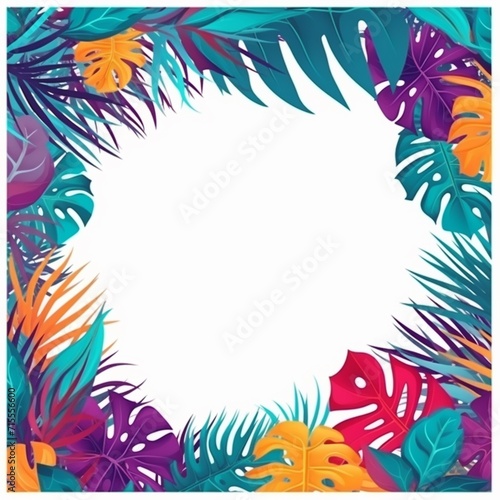 Beautiful colorful tropical border leaves frame white background