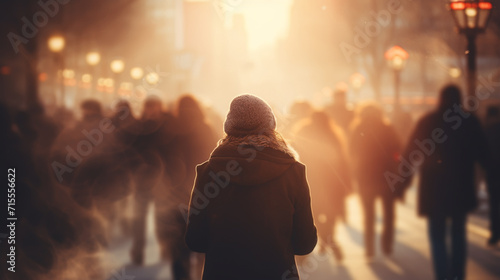 people walking in the city street crowd at winter time