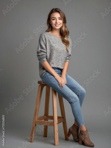 beautiful smiling brunette girl model sitting on wooden stool in grey background photo studio