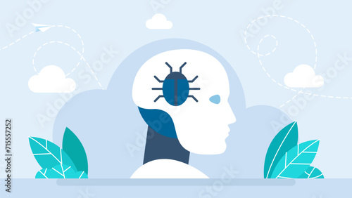 A robot head with a bug inside. AI error. AI in quality assurance. Robot tester finding, searching program bugs, mistakes. Cyborg with artificial intelligence with bugs. Vector illustration