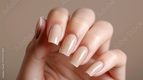 Close-up of beige manicure on a woman s hand
