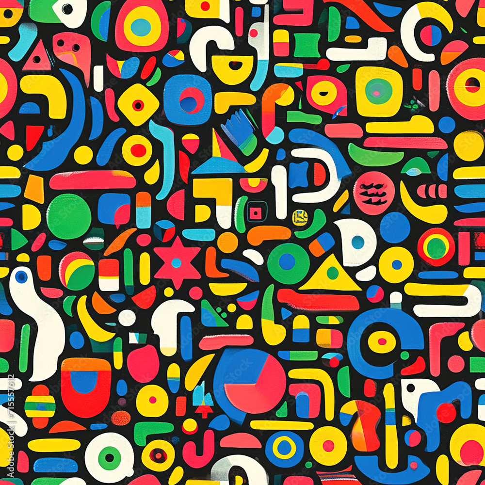 Obraz premium Colorful abstract postmodern geometric retro repeat pattern, funky doodles simple shapes