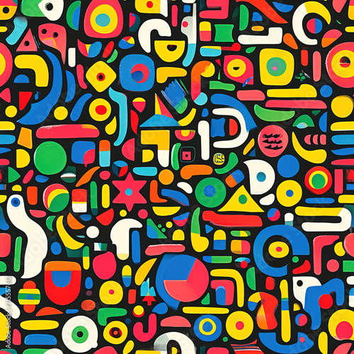 Colorful abstract postmodern geometric retro repeat pattern, funky doodles simple shapes