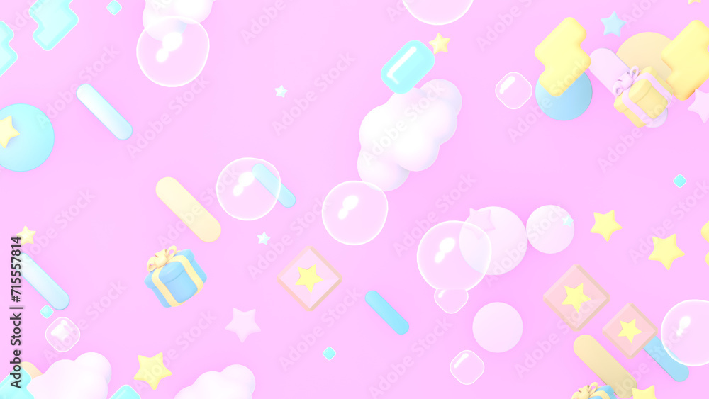 3d rendered cartoon pink sky with clouds, bubbles, stars, diagonal lines, and gift boxes.