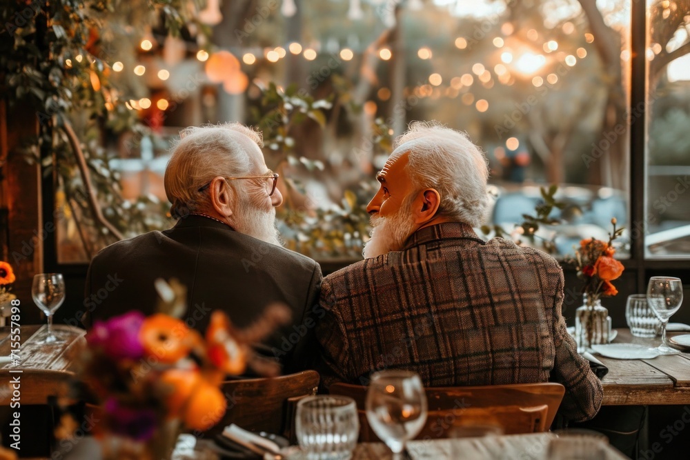 Beautiful loving gay couple spending time together in a restaurant. Celebrating Saint Valentine's