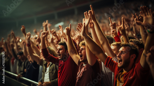 group of fans dressed in red color watching a sports event in the stands of a stadium photo