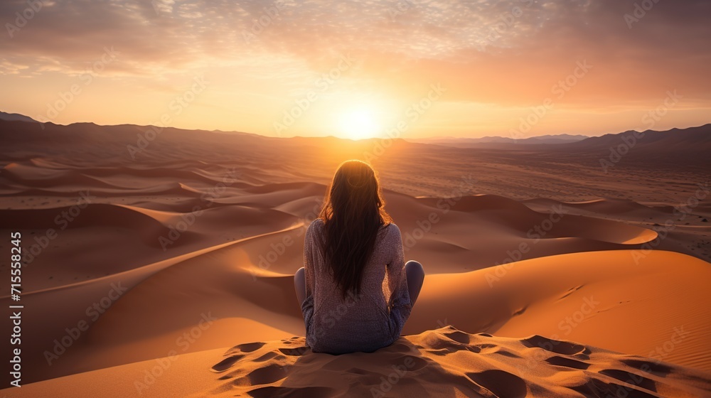 Sexy woman walking in the desert.Beautiful view on the mountain at sunset. Amazing sand dunes. Golden sand waves. Natural safari panorama. Unique journey. Sexy woman walking in the desert.Beautiful view on the mountain at sunset. Amazing sand dunes. Golden sand waves. Natural safari panorama. Unique journey.