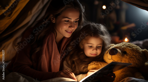 mother and child girl reading a book in bed before going to sleep