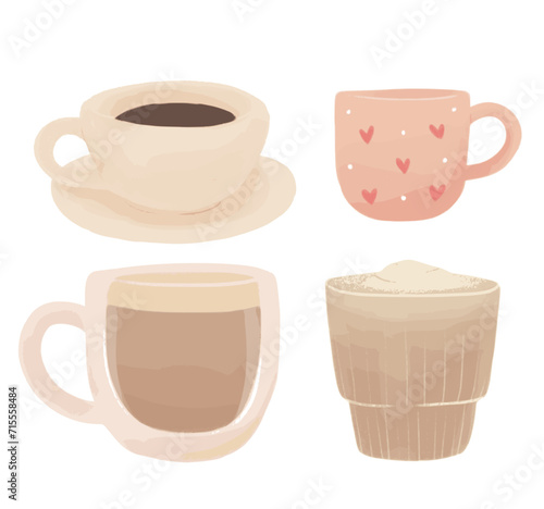 Cute Hand Drawn Coffee and Tea Cups Collection – Cozy Pastel Mug Set
