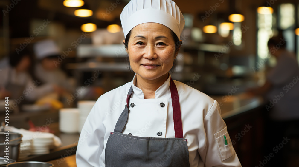 Female chef smiling at camera while standing in restaurant kitchen Female chef smiling at camera while standing in restaurant kitchen