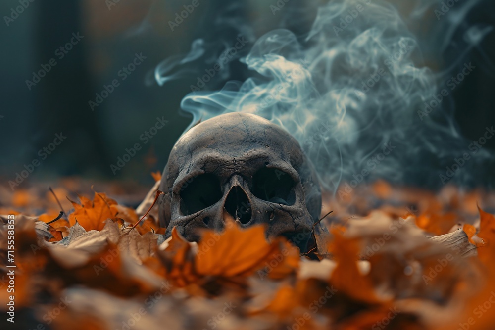 burning skull in the forest