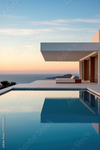 Modern Villa with Infinity Pool Overlooking Ocean at Sunset