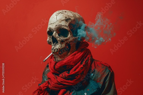 human skull on red background