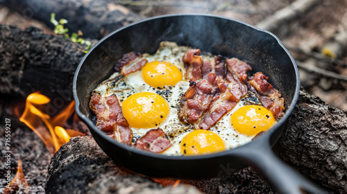 Frigideira na fogueira com ovos e bacon  photo