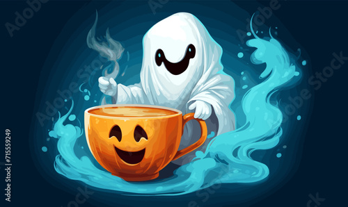 cool Halloween ghost drinking coffee, cartoon colorful pumpkin character illustration