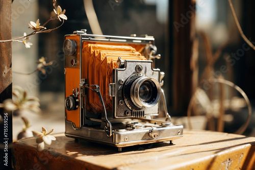 Generative AI image of an antique folding camera, featuring a metallic structure and an orange leather cover, displayed on a wooden surface with delicate flowers in the background