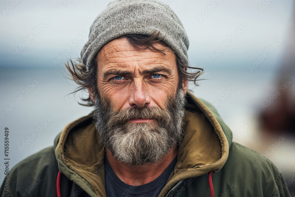 A close-up portrait of a rugged bearded man with a woolen hat and intense gaze, set against a blurred natural backdrop A close-up portrait of a rugged bearded man with a woolen hat and intense gaze, set against a blurred natural backdrop
