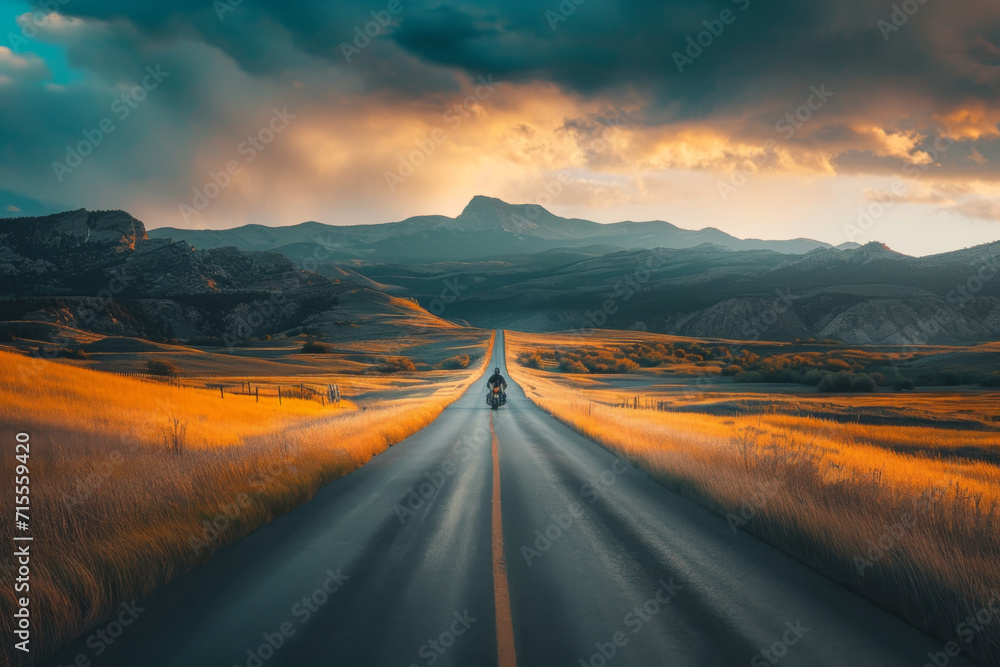 A person driving down a road in a landscape