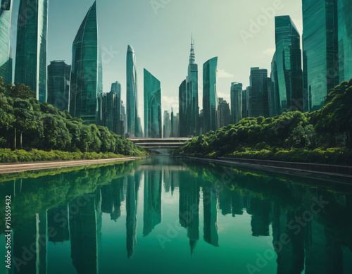 futuristic city skyline with river